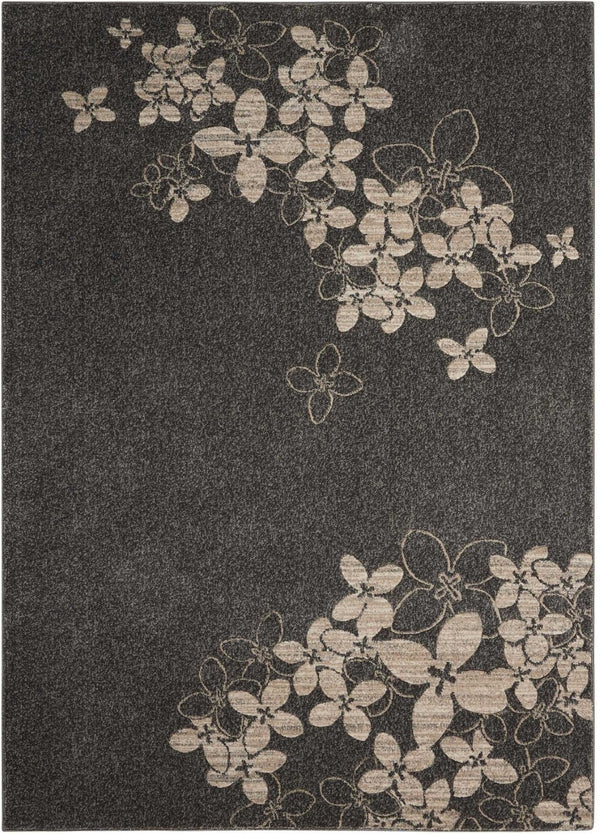 HomeRoots 9' Elegant Beige and Charcoal Floral Area Rug - Durable, Non-Skid, Stain Resistant for High-Traffic Spaces 9' X 13' 551504
