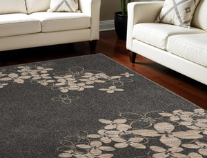 HomeRoots 9' Elegant Beige and Charcoal Floral Area Rug - Durable, Non-Skid, Stain Resistant for High-Traffic Spaces 9' X 13' 551504