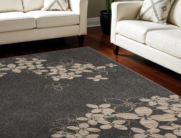 HomeRoots 9' Elegant Beige and Charcoal Floral Area Rug - Durable, Non-Skid, Stain Resistant for High-Traffic Spaces 9' X 13' 551504