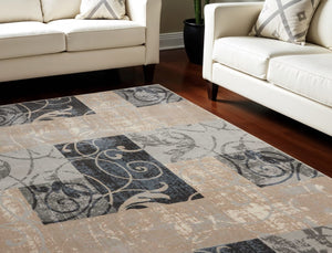 HomeRoots 5' Elegant Tan, Black, and Ivory Floral Vines Non-Skid Area Rug for Stylish Home Décor and Comfort 9' X 13' 551506