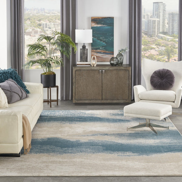 HomeRoots 5' Teal and Ivory Abstract Area Rug – Stain-Resistant, Non-Skid, Durable Design for Modern Spaces 9' X 13' 551509