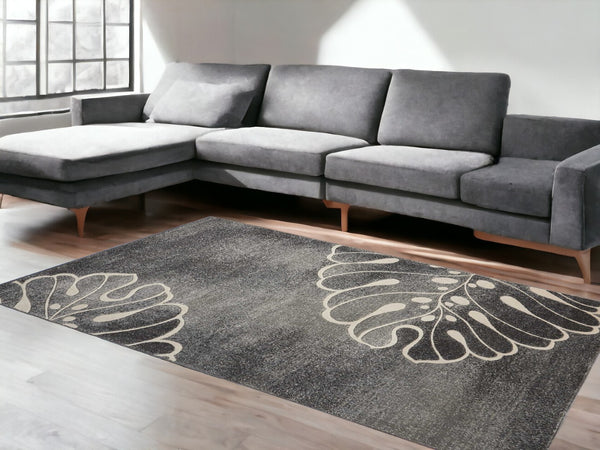 HomeRoots 5' Elegant Ivory and Gray Botanical Leaves Area Rug – Durable, Non-Skid, Stain-Resistant Design 9' X 13' 551522