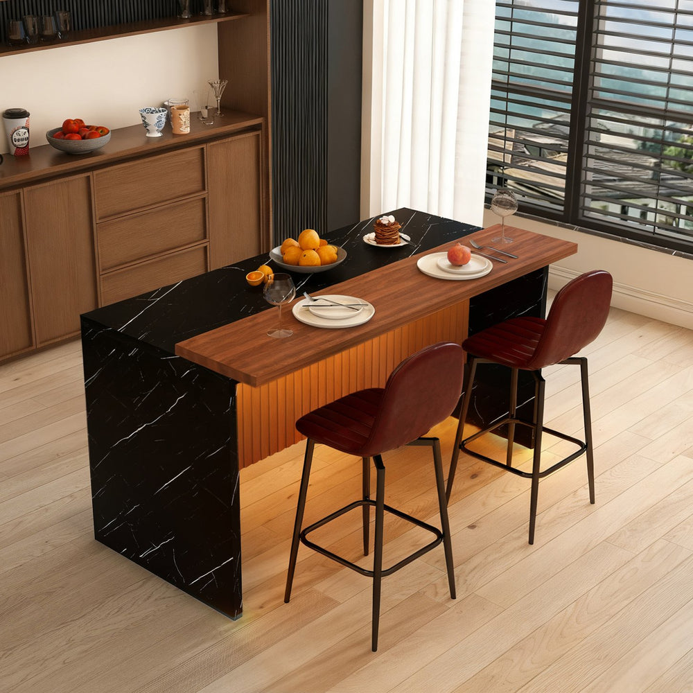 English Elm 63-Inch Modern Kitchen Island Set With 2 Bar Stools - Black Marble Surface, Led Light & Grill Design W2699S00063