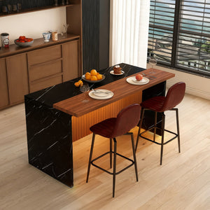 English Elm 63-Inch Modern Kitchen Island Set With 2 Bar Stools - Black Marble Surface, Led Light & Grill Design W2699S00063