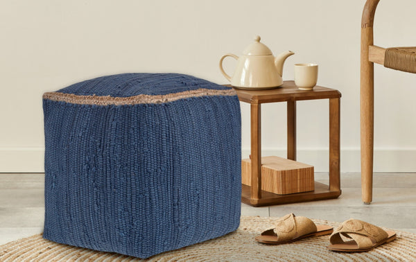 Homeroots 18" Gray And Natural Cotton And Jute Cube Pouf Ottoman – Chic Multi-functional Seating Solution Indigo  551553