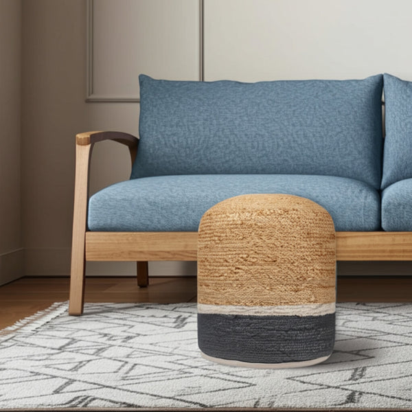Homeroots 18" Chic Natural Gray Jute Blend Striped Pouf Ottoman - Stylish, Multi-functional Seating & Decor   551555