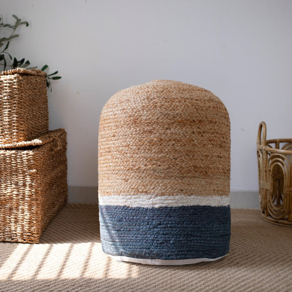 Homeroots 18" Chic Natural Gray Jute Blend Striped Pouf Ottoman - Stylish, Multi-functional Seating & Decor   551555