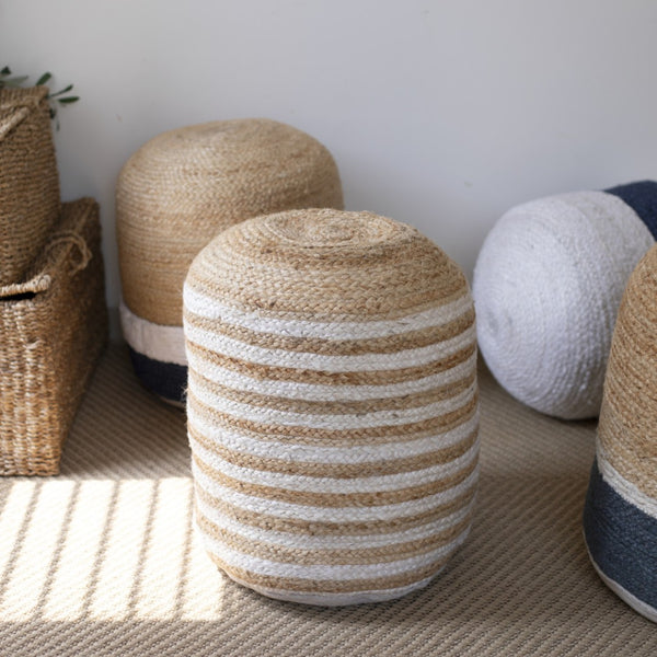 Homeroots 18" Chic Natural Gray Jute Blend Striped Pouf Ottoman - Stylish, Multi-functional Seating & Decor   551555