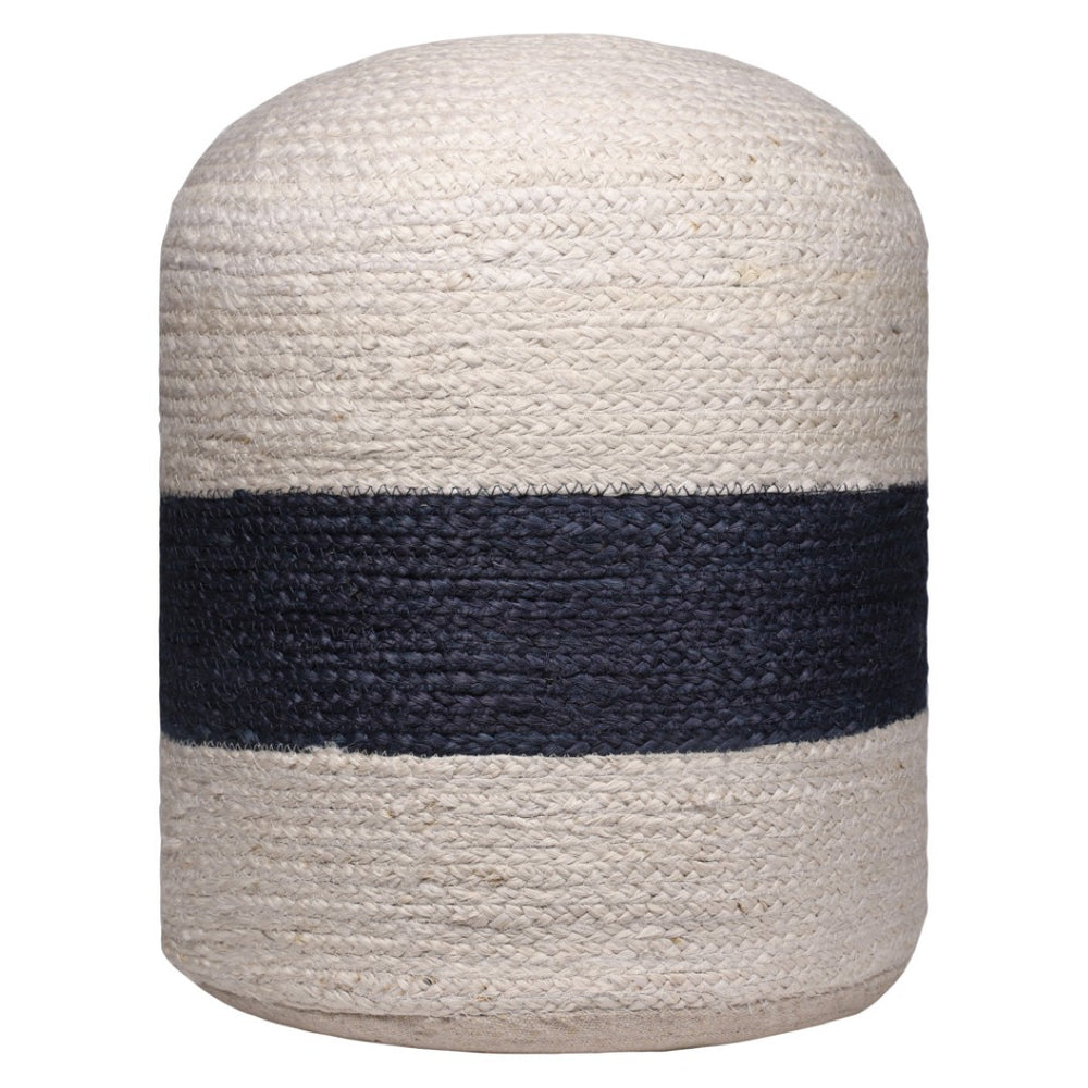 HomeRoots 18" Handcrafted Off-White and Navy Striped Jute Pouf Ottoman - Versatile Coastal Decor Accent Piece 551556