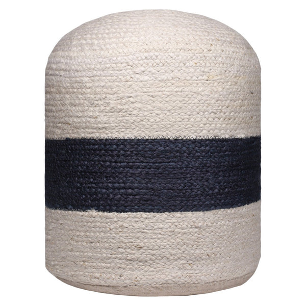 HomeRoots 18" Handcrafted Off-White and Navy Striped Jute Pouf Ottoman - Versatile Coastal Decor Accent Piece 551556
