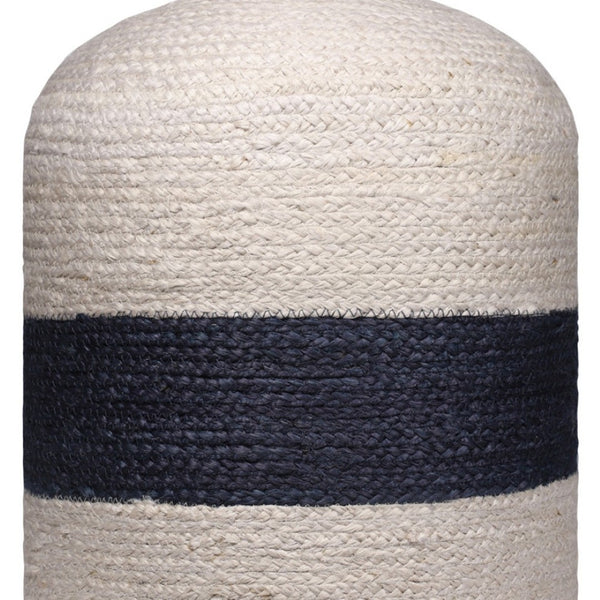 Homeroots 18" Off White & Navy Blue Jute Blend Striped Pouf Ottoman - Chic, Versatile Footrest & Extra Seat   551556