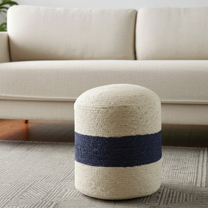 Homeroots 18" Off White & Navy Blue Jute Blend Striped Pouf Ottoman - Chic, Versatile Footrest & Extra Seat   551556