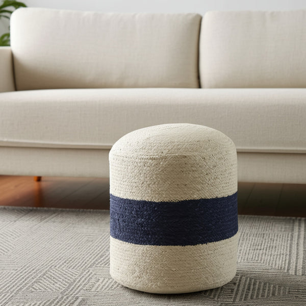 Homeroots 18" Off White & Navy Blue Jute Blend Striped Pouf Ottoman - Chic, Versatile Footrest & Extra Seat   551556