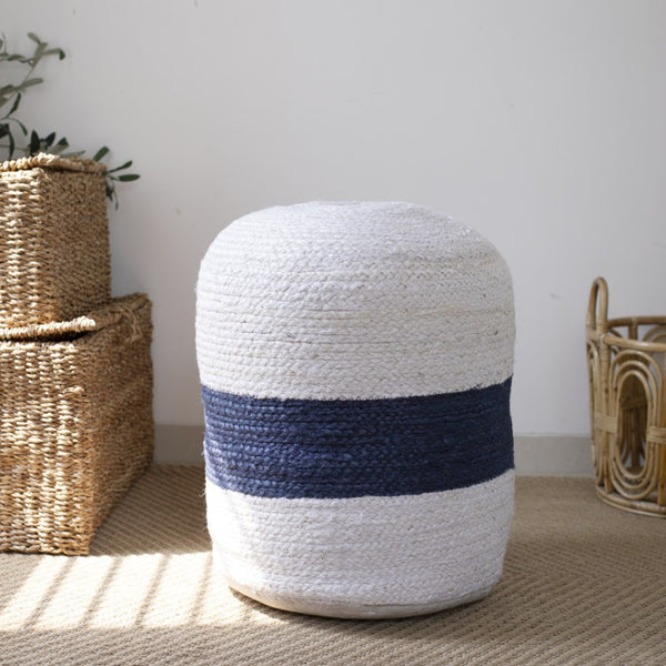 Homeroots 18" Off White & Navy Blue Jute Blend Striped Pouf Ottoman - Chic, Versatile Footrest & Extra Seat   551556