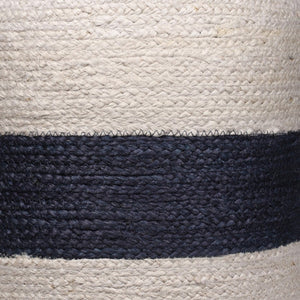Homeroots 18" Off White & Navy Blue Jute Blend Striped Pouf Ottoman - Chic, Versatile Footrest & Extra Seat   551556