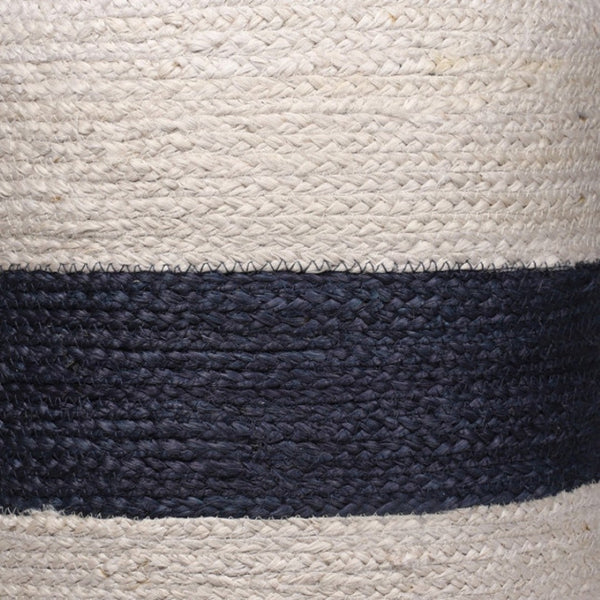 Homeroots 18" Off White & Navy Blue Jute Blend Striped Pouf Ottoman - Chic, Versatile Footrest & Extra Seat   551556