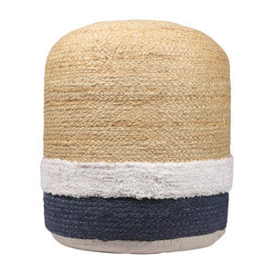 HomeRoots 18" Natural and Navy Blue Jute Blend Pouf Ottoman - Stylish, Versatile Footrest for Any Space 551557