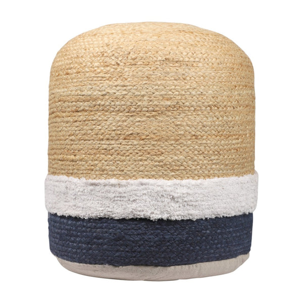 HomeRoots 18" Natural and Navy Blue Jute Blend Pouf Ottoman - Stylish, Versatile Footrest for Any Space 551557