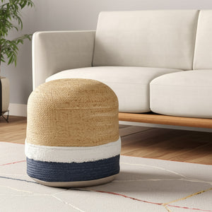 Homeroots 18" Striped Jute Blend Pouf Ottoman - Chic Navy Blue & Natural Accent For Stylish Seating & Decor   551557