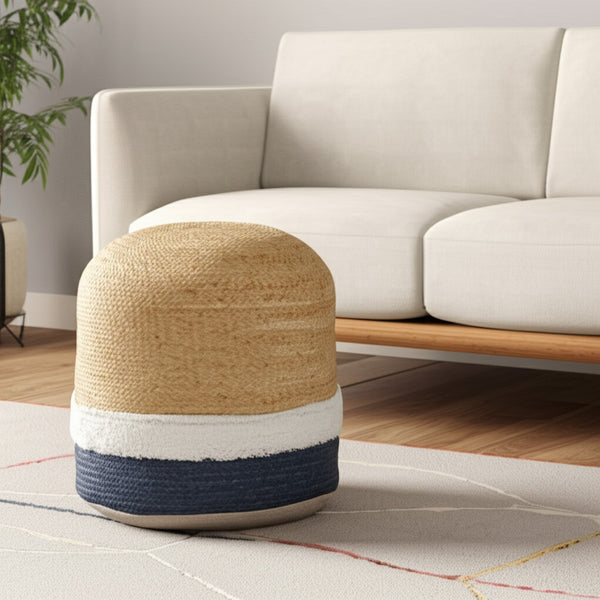 Homeroots 18" Striped Jute Blend Pouf Ottoman - Chic Navy Blue & Natural Accent For Stylish Seating & Decor   551557