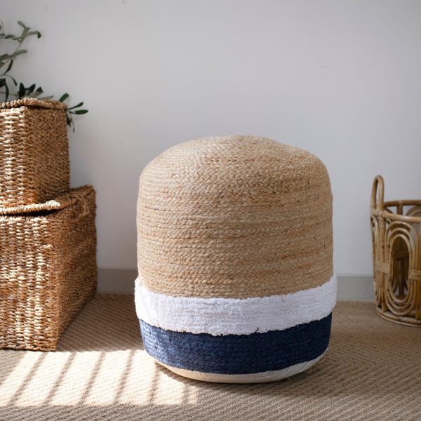 Homeroots 18" Striped Jute Blend Pouf Ottoman - Chic Navy Blue & Natural Accent For Stylish Seating & Decor   551557