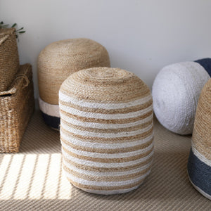 Homeroots 18" Striped Jute Blend Pouf Ottoman - Chic Navy Blue & Natural Accent For Stylish Seating & Decor   551557