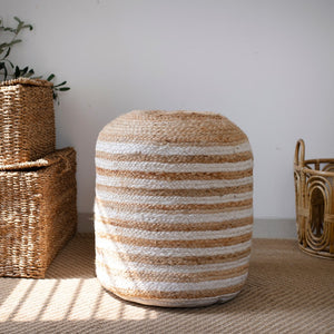 Homeroots 18" Striped Jute Blend Pouf Ottoman - Chic, Handmade, And Versatile Seating Solution For Any Room   551558