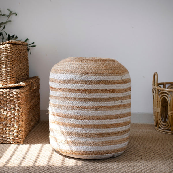 Homeroots 18" Striped Jute Blend Pouf Ottoman - Chic, Handmade, And Versatile Seating Solution For Any Room   551558