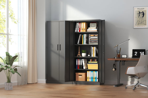 English Elm 72"H Metal Garage Storage Cabinet Black – Locking 3-Point Steel Cabinet with 4 Adjustable Shelves, Anti-Tip Safety T2398P152542