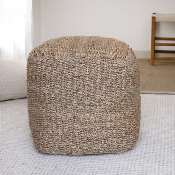 Homeroots 18" Natural Jute Woven Cube Pouf Ottoman - Stylish Footrest & Extra Seating With Bohemian Flair   551560
