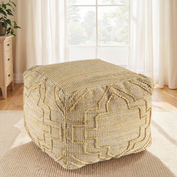 HomeRoots 18" Handcrafted Jute Blend Cube Pouf Ottoman with Quatrefoil Design for Versatile Bohemian Style 551562