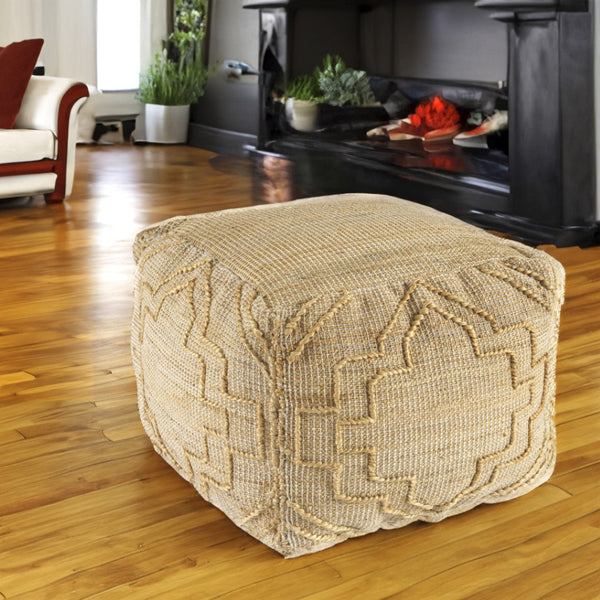 Homeroots 18" Natural Jute Blend Cube Pouf Ottoman - Stylish Quatrefoil Design For Chic Bohemian Decor   551562