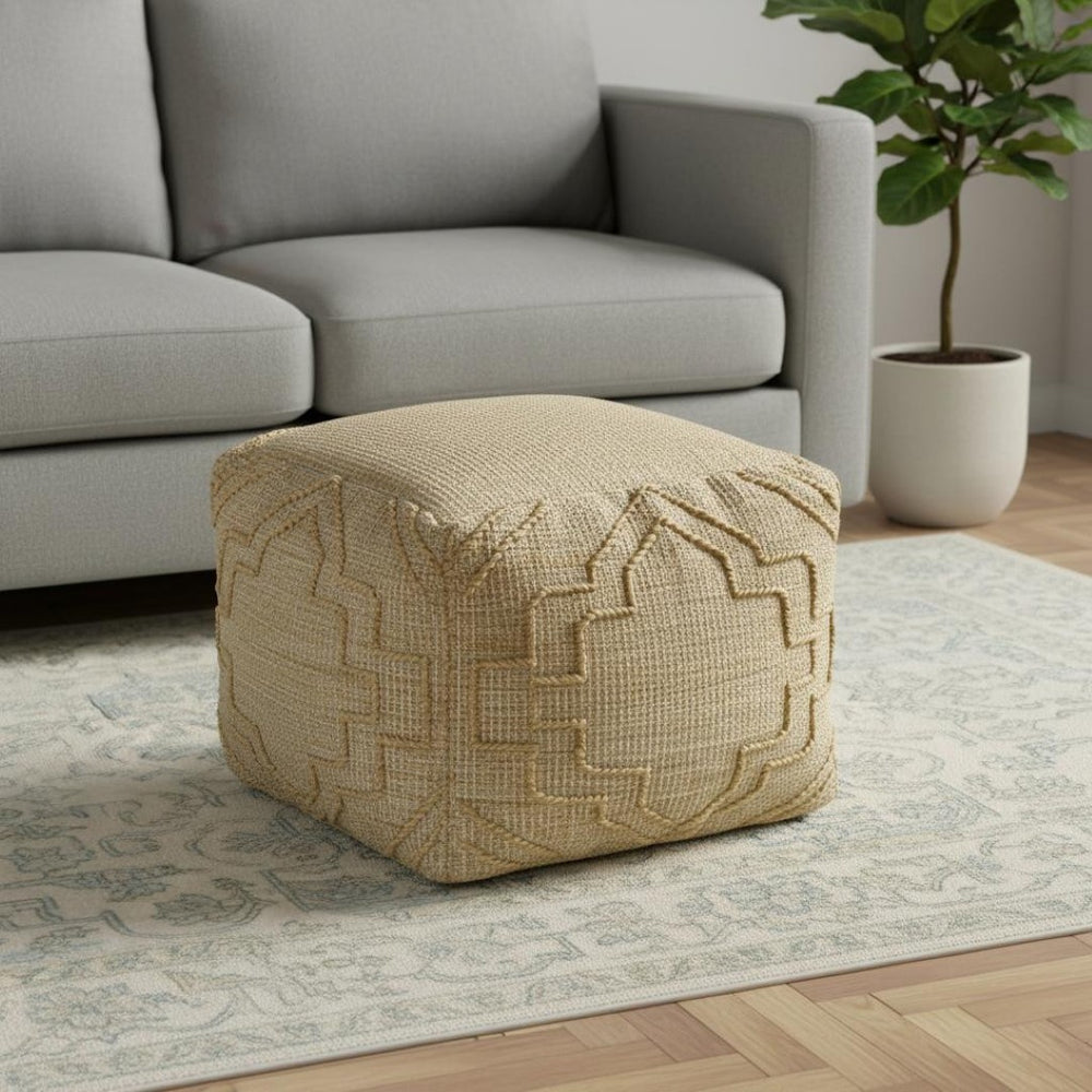 HomeRoots 18" Handcrafted Jute Blend Cube Pouf Ottoman with Quatrefoil Design for Versatile Bohemian Style 551562
