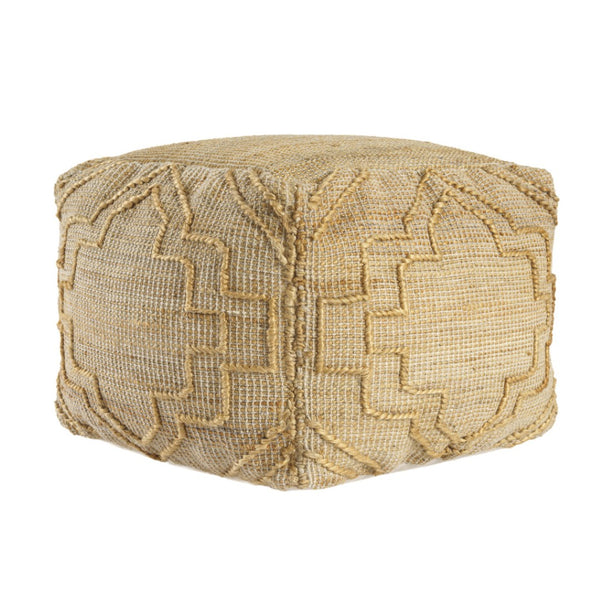 HomeRoots 18" Handcrafted Jute Blend Cube Pouf Ottoman with Quatrefoil Design for Versatile Bohemian Style 551562