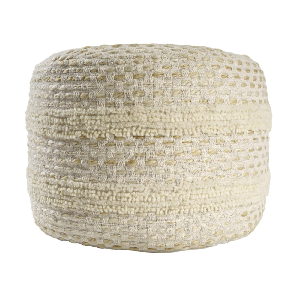 HomeRoots 18" Round Striped Pouf Ottoman - Cozy Cotton Blend for Casual Seating & Modern Decor Accent White/ Beige 551564