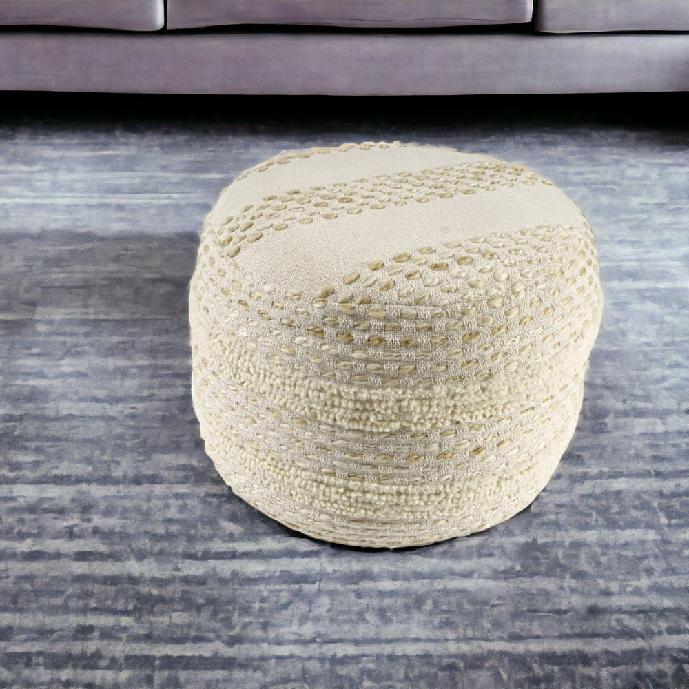 HomeRoots 18" Round Striped Pouf Ottoman - Cozy Cotton Blend for Casual Seating & Modern Decor Accent White/ Beige 551564