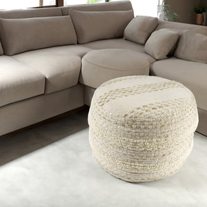 Homeroots 18" Natural And Ivory Cotton Blend Round Striped Pouf Ottoman White,Beige  551564