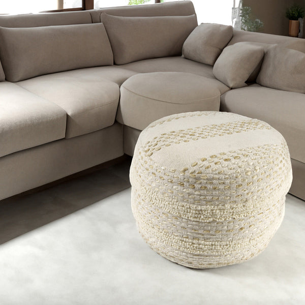 Homeroots 18" Natural And Ivory Cotton Blend Round Striped Pouf Ottoman White,Beige  551564