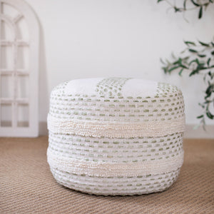 Homeroots 18" Natural And Ivory Cotton Blend Round Striped Pouf Ottoman White,Beige  551564