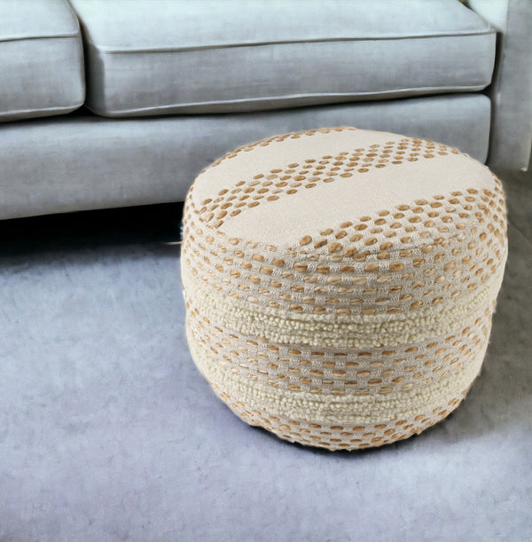 Homeroots 18" Ivory And Brown Cotton Blend Round Striped Pouf Ottoman White,Adobe  551566