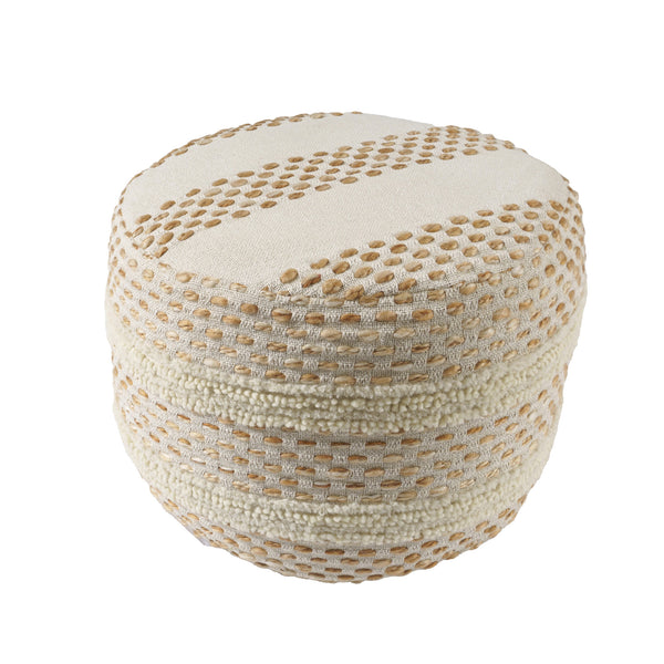 Homeroots 18" Ivory And Brown Cotton Blend Round Striped Pouf Ottoman White,Adobe  551566