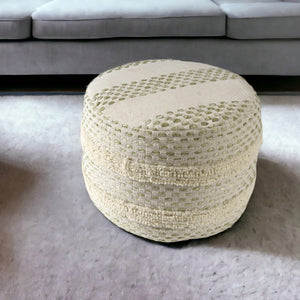 Homeroots 18" Ivory And Green Cotton Blend Round Striped Pouf Ottoman White,Sage  551567