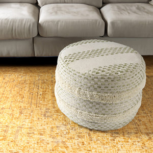 Homeroots 18" Ivory And Green Cotton Blend Round Striped Pouf Ottoman White,Sage  551567