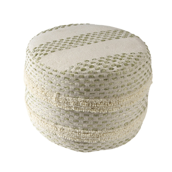 Homeroots 18" Ivory And Green Cotton Blend Round Striped Pouf Ottoman White,Sage  551567