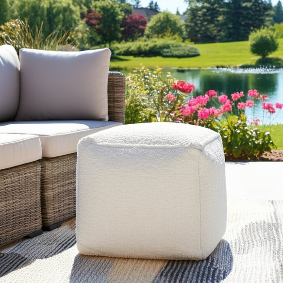 Homeroots 18" Chic Polyester Cube Outdoor Pouf Ottoman - Stylish, Versatile Footrest & Extra Seating Solution Ivory  551568