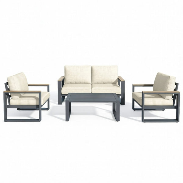 English Elm All-weather Aluminum Patio Conversation Set with Deep Cushions and Tempered Glass Table Beige+Grey B082S00117