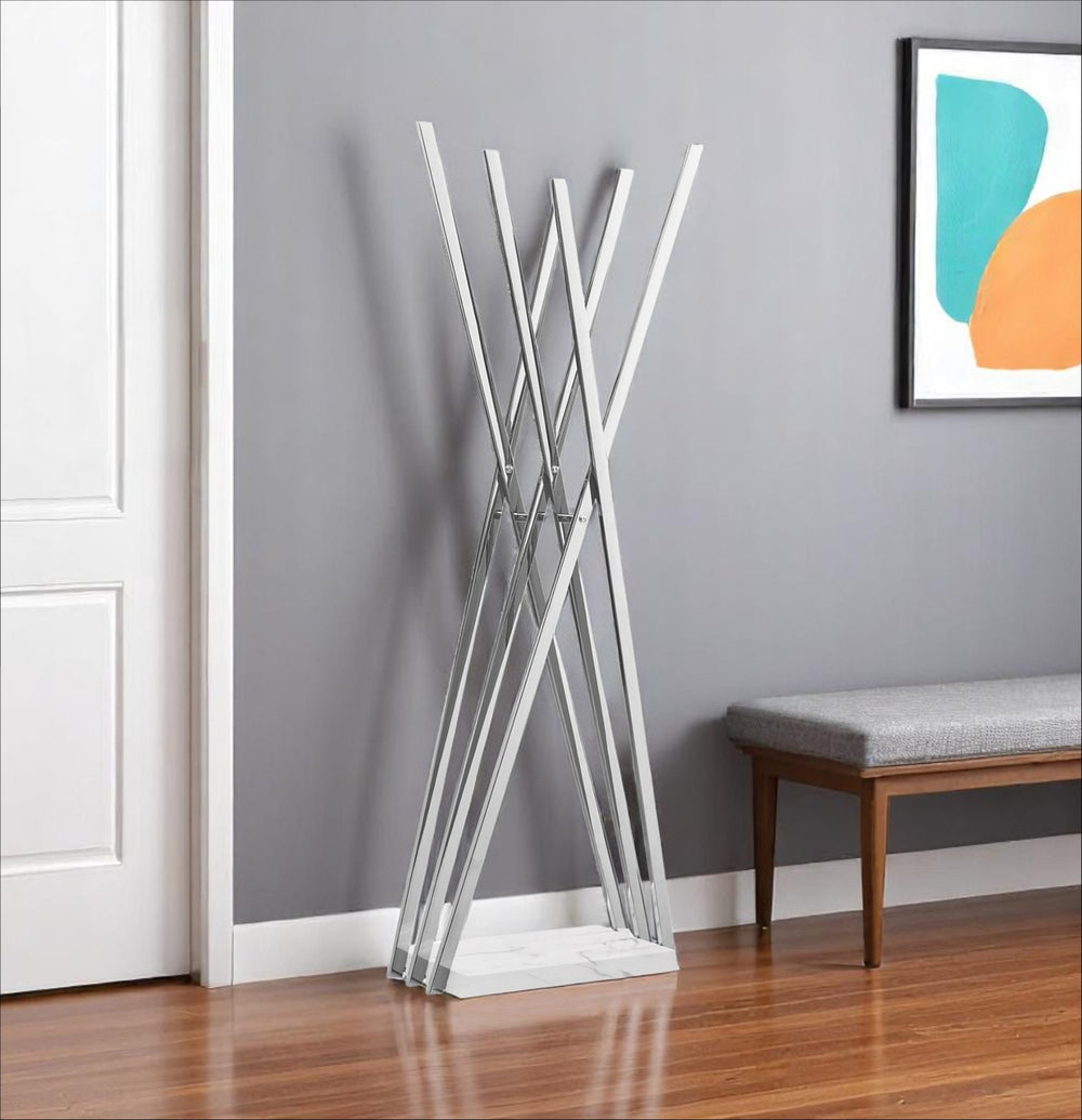 Homeroots 65" Stylish Silver And White Metal Marble Coat Rack - Modern Six Hook Freestanding Organizer For Entryway Chrome  551626