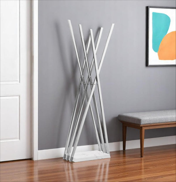 Homeroots 65" Stylish Silver And White Metal Marble Coat Rack - Modern Six Hook Freestanding Organizer For Entryway Chrome  551626