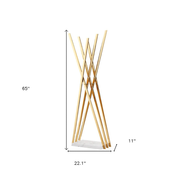 Homeroots 65" Stylish Silver And White Metal Marble Coat Rack - Modern Six Hook Freestanding Organizer For Entryway Gold  551627