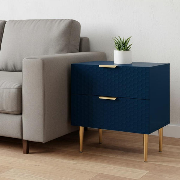 HomeRoots 24" Navy Blue and Gold End Table with Two Storage Drawers – Modern Accent Table for Any Room 551628